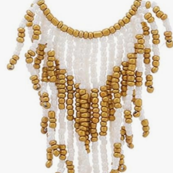 Long 5" White Bronze Oversized Beaded Hoop Earrings Southwestern Boho Hoops New - Picture 3 of 4